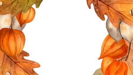 Oak leaves, butterfly, physalis, lunaria autumn panoramic frame. Seasonal bright watercolor isolated composition on white background. Invitation, postcard, card, sign, banner. Thanksgiving, fall eventの写真素材