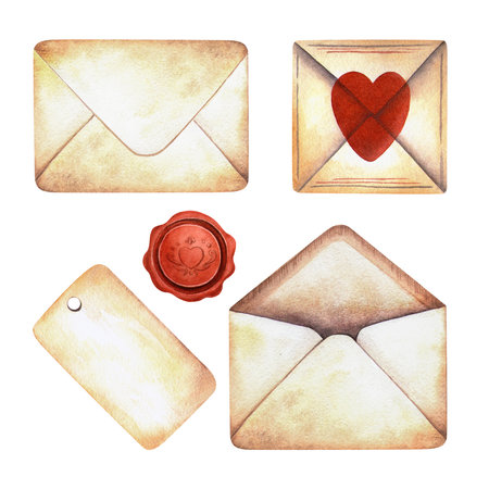 Vintage paper stationery - open and closed envelopes, Valentines day postcard with heart, gift tag and wax seal. Watercolor hand drawn isolated love clipart. Perfect for romantic and retro designs.の写真素材