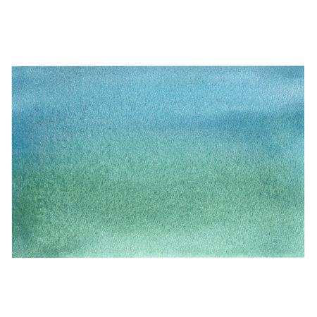 Blue-green watercolor rectangle. Abstract hand drawn landscape, perfect background for banner, postcard, interior design, cover or ideal template with blue sky and green scenery with gradient effectの写真素材