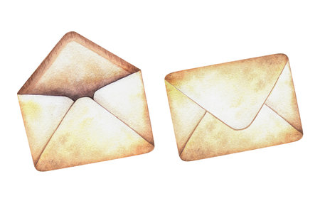Vintage letters - open envelope and closed mail. Hand-painted watercolor illustration retro messages. Perfect for post symbol, sign, sticker or nostalgic designs, parchment decor, wedding decorationの写真素材