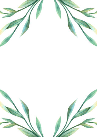 Green leaves vintage vertical frame. Elegant spring vignette template. Hand drawn botanical watercolor. Perfect for wedding event invitation, seasonal arrangement, romantic decoration, greeting cardの写真素材