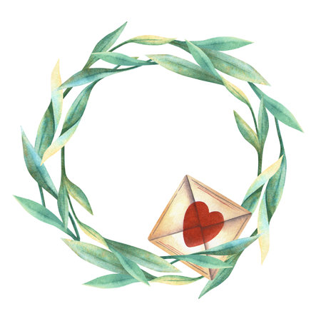Vintage wreath with love letter and green leaves eucalyptus. Elegant spring square frame with circle template. Perfect for Valentines day arrangement, greeting card, wedding invitation, floral decorの写真素材