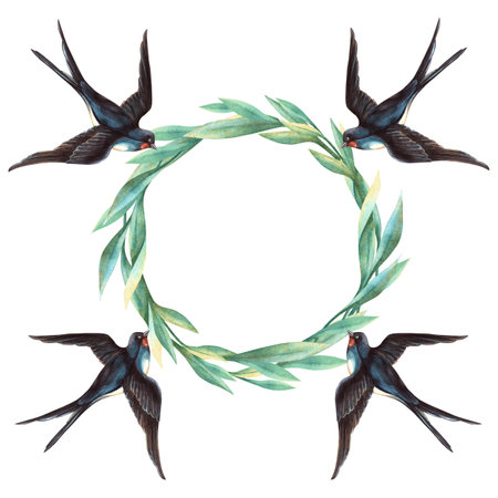 Wreath with swallows and green branch. Spring floral circle template with birds and foliage. Botanical watercolor frame. Perfect for wedding invitations, seasonal themes, elegant romantic arrangementの写真素材