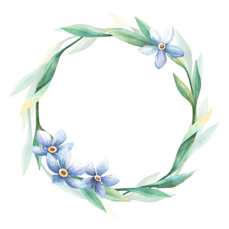 Blue flowers forget-me-not blossom wreath. Elegant floral spring circle template with myosotis twig Perfect frame for romantic, botanical wedding or love themes, seasonal greeting card, retro postcardの写真素材