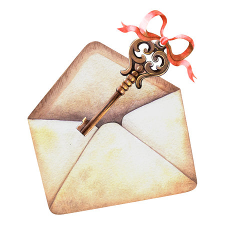 Vintage envelope with old golden key with red ribbon bow. Hand-drawn watercolor illustration Perfect for romantic themes, retro stationery designs, love card, Valentines day decoration and arrangementの写真素材