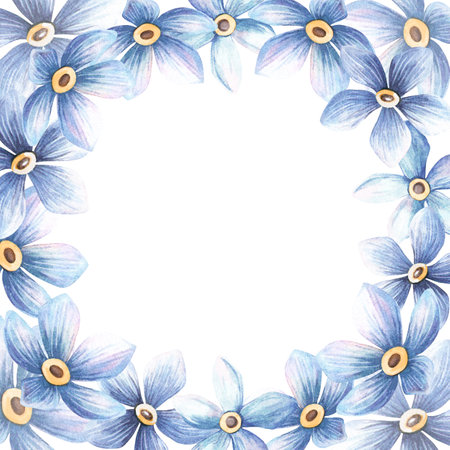 Blue pastel flowers blossom square frame and circle template. Floral forget-me-not wreath with white background Perfect for botanical event arrangement, wedding invitations, spring seasonal decorationの写真素材