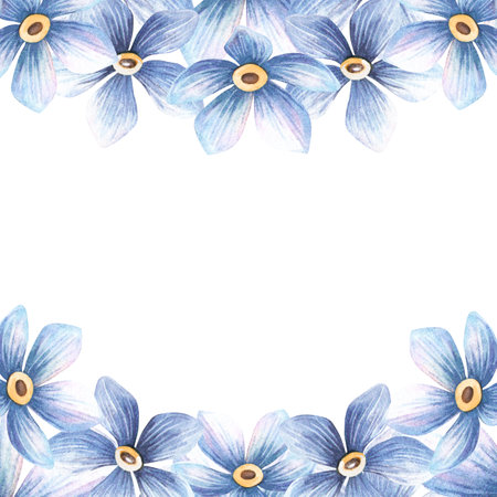 Blue flowers vintage square frame with forget-me-not blossom border. Botanical spring template with myosotis bloom. Perfect for botanical wedding arrangement, seasonal greeting card, retro postcardの写真素材