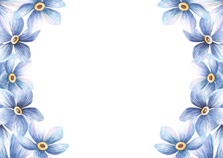 Blue flowers horizontal frame with vintage forget-me-not blossom decor. Floral spring template with myosotis bloom. Perfect for elegant wedding invitations, seasonal arrangement, greeting cardの写真素材