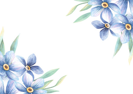 Floral spring frame - blue flowers and green foliage. Forget-me-not blossom template. Botanical spring arrangement with myosotis. Perfect for wedding invitations, seasonal decoration, greeting cardの写真素材