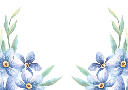 Spring blue flowers horizontal frame. Forget-me-not blossom an green leaves template. Botanical seasonal arrangement with myosotis. Perfect for wedding invitations, floral decoration, greeting cardの写真素材