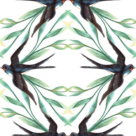 Spring seamless pattern with swallows and foliage. Botanical hand-drawn watercolor with flying birds and leaves Floral background perfect for wedding decoration, seasonal arrangement, fabric, wrappingの写真素材
