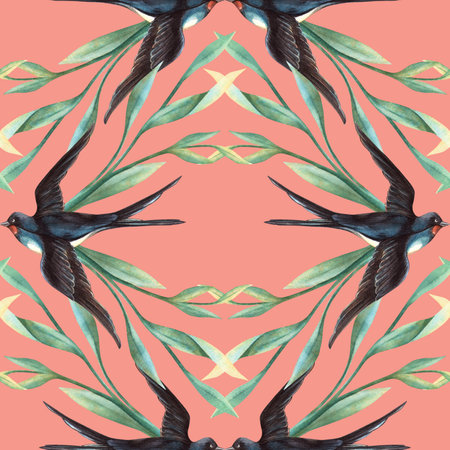 Spring retro seamless pattern with swallows and green leaves. Floral watercolor with flying birds and foliage Elegant background perfect for romantic decoration, seasonal arrangement, fabric, wrappingの写真素材