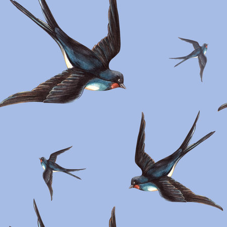 Blue spring seamless pattern with swallows birds. Vintage hand drawn watercolor. Perfect for retro wrapping paper, seasonal arrangement, Valentines day or wedding decoration, sky sign or printの写真素材