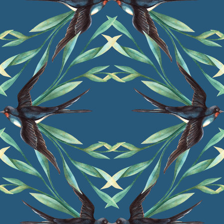 Elegant blue seamless pattern with swallows birds and foliage. Floral watercolor with dark background. Perfect for romantic arrangement, seasonal decoration, botanical fabric, wrapping paper, postcardの写真素材