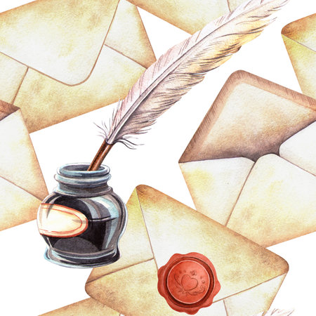 Vintage letters seamless pattern with antique inkwell, quill Watercolor background of retro stationary with old envelopes. Perfect for literary or poetry arrangement, romantic wrapping, elegant fabricの写真素材