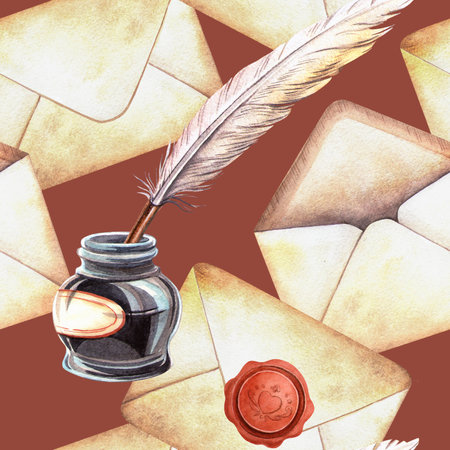 Letters seamless pattern with inkwell, ink quill Vintage watercolor texture, coral background of retro stationary with old envelopes. Perfect for historical arrangement, romantic fabric, wrappingの写真素材