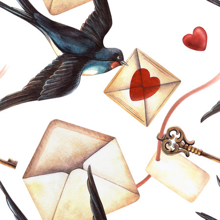 Swallow bird, love letter romantic seamless pattern. Valentines day hand drawn watercolor with retro stationary. Perfect for romantic fabric, vintage Valentines day wrapping, spring arrangementの写真素材
