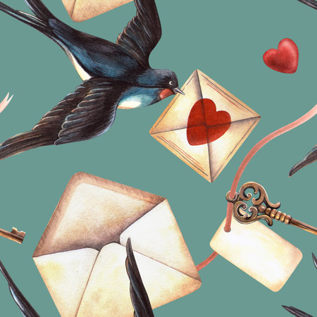 Turquoise vintage romantic seamless pattern with swallow birds, love letters. Valentines day watercolor with retro stationary. Perfect for fabric, vintage Valentines day wrapping, spring arrangementの写真素材