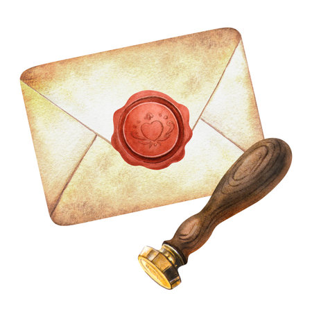 Vintage envelope with wax seal and wooden stamp tool. Watercolor composition with old letter. Ideal for romantic print, antique design, craft and handmade decor, postcards, stickers, scrapbookingの写真素材