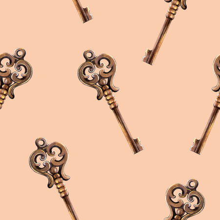 Vintage beige seamless pattern with golden keys. Elegant hand-drawn watercolor illustration, secret door sign. Perfect for romantic fabric, retro style wrapping paper, feminine print, backgroundの写真素材