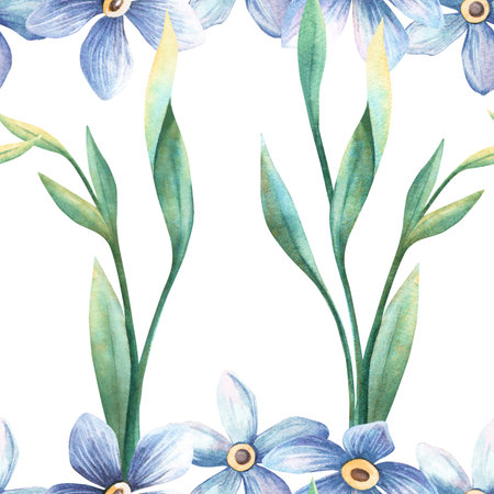 Spring elegant floral seamless pattern - forget-me-not blue flowers with green foliage. Hand-painted watercolor illustration of botanical branches. Ideal for vintage fabrics, romantic backgroundの写真素材