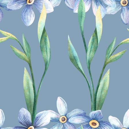Blue floral seamless pattern - forget-me-not spring flowers with green foliage. Hand-painted watercolor background of botanical arrangement. Ideal for vintage fabrics, romantic texture, wedding decorの写真素材