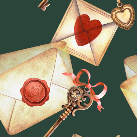 Emerald retro seamless pattern with love letter, old envelopes, golden key and bow. Hand-painted vintage watercolor texture. Perfect for romantic stationery print, Valentines day wrapping, backgroundの写真素材