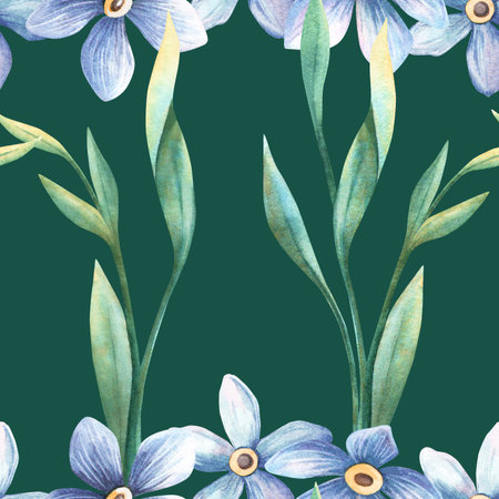 Emerald floral seamless pattern - forget-me-not blue flowers, foliage on dark green background. Hand-painted watercolor botanical texture. Ideal for vintage fabrics, romantic arrangement, garden printの写真素材