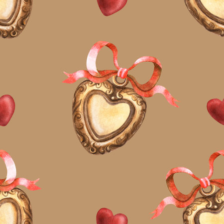 Vintage mocha seamless pattern heart locket golden pendant with red bow. Watercolor illustration of jewelry background. Symbol of love and memory. Valentines day, Mothers day decor, fabrics, textureの写真素材