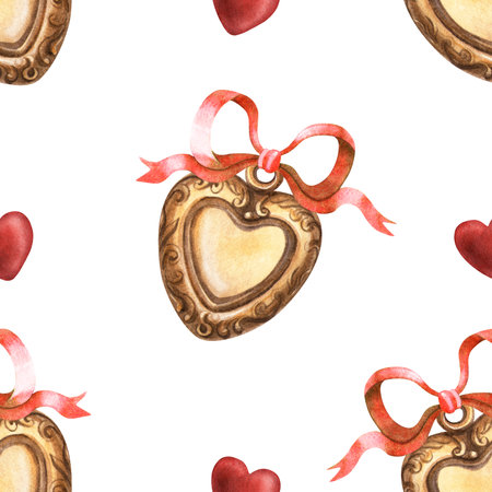 Heart locket bronze pendant seamless pattern with red bow in vintage style. Watercolor texture of golden jewelry. Symbol of love, passion and memory. Valentines day, Mothers day decor, fabric, printの写真素材