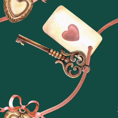 Vintage seamless pattern with golden heart locket pendant, red bow, ribbon with love card and old key. Watercolor retro background. Symbols of love, secret and memory. Valentines day decor, wrappingの写真素材