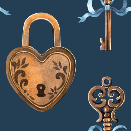 Night magical seamless pattern - vintage golden lock heart and key with bow. Retro hand drawn watercolor dark blue background. Perfect texture for Valentines day wrapping, decoration, fabrics, printの写真素材