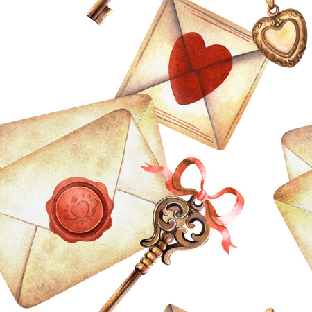 Vintage letters, golden key and red bow seamless pattern. Hand-painted watercolor print with retro envelopes. Perfect for romantic, old stationery designs, Valentines day wrapping, antique arrangementの写真素材