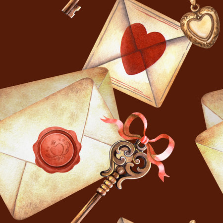 Vintage burgundy seamless pattern with love letter, old envelopes, golden key and red bow. Hand-painted watercolor print. Perfect for romantic stationery designs, Valentines day wrapping, arrangementの写真素材