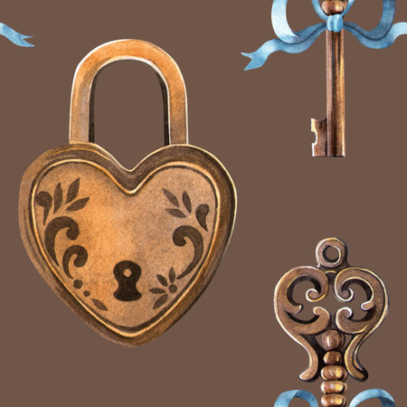 Stylish vintage seamless pattern with bronze lock heart and key with blue bow on mocha background Retro watercolor background with romantic design. Perfect for Valentines day decor, fabrics, wrappingの写真素材