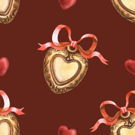 Elegant burgundy seamless pattern heart locket bronze pendant with red bow Watercolor vintage texture of golden jewelry. Symbol of love, passion and memory. Valentines day, Mothers day print, fabricの写真素材