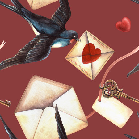 Vintage romantic seamless pattern with swallow birds, love letters. Valentines day watercolor with retro stationary. Perfect for feminine fabric, coral Valentines day wrapping, spring arrangementの写真素材