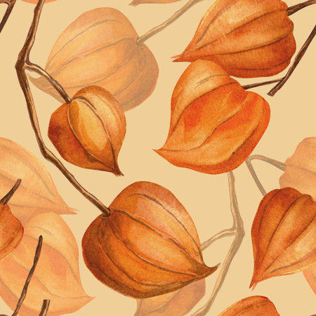Elegant physalis fall vintage beige seamless pattern. Floral autumn watercolor background with branches. Realistic twig of physalis background. Perfect for seasonal wallpaper, floral fabrics, wrappingの写真素材