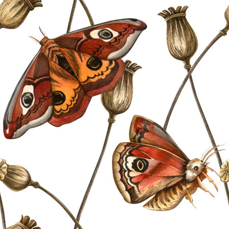 Elegant botanical seamless pattern with peacock butterflies and dried poppy bulbs. Watercolor autumn seasonal herbal wallpaper. Ideal for feminine fabrics, botanical print, vintage wrapping, textureの写真素材