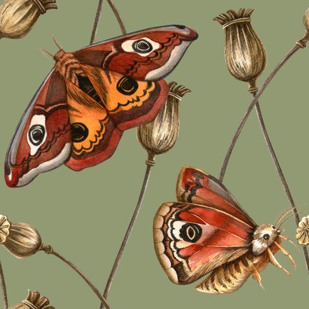 Vintage botanical seamless pattern with peacock butterflies and dried poppy bulbs. Watercolor autumn seasonal herbal wallpaper. Ideal for feminine fabrics, botanical print, vintage wrapping, textureの写真素材
