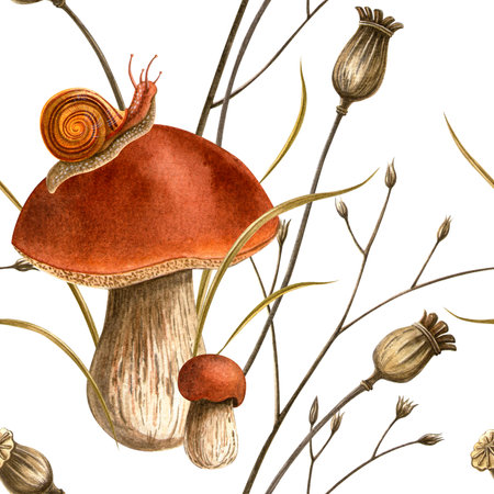 Autumn harvest bolete mushrooms, snail and poppy bulbs seamless pattern. Watercolor hand painted botanical detailed vintage illustration. Autumn seasonal floral texture for home fabrics, wallpaperの写真素材