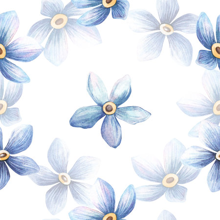 Cute floral seamless pattern with blue forget-me-not flowers Botanical watercolor pastel texture Romantic light vintage illustration. Perfect for fabrics, home textiles, background, seasonal wallpaperの写真素材