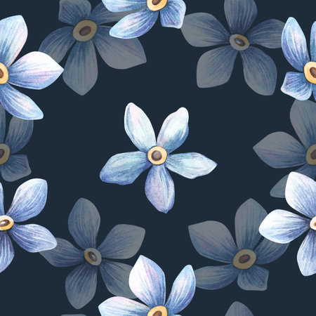 Dark blue floral seamless pattern. Midnight forget-me-not flowers blossom print. Spring watercolor elegant indigo texture. Perfect for botanical fabrics, home textiles, seasonal wrapping, wallpaperの写真素材