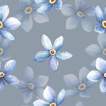 Pastel floral seamless pattern. Blue forget-me-not flowers on grey background. Elegant watercolor hand-drawn texture. Perfect for feminine fabrics, home textile, seasonal wrapping, botanical wallpaperの写真素材