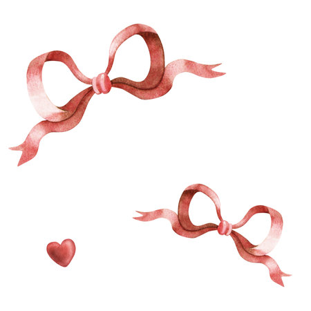 Red bows and tiny scarlet hearts seamless Valentines pattern. Cute vintage romantic watercolor texture. Love print perfect for romantic wrapping, seasonal wallpaper, fabrics, home textile, backgroundの写真素材