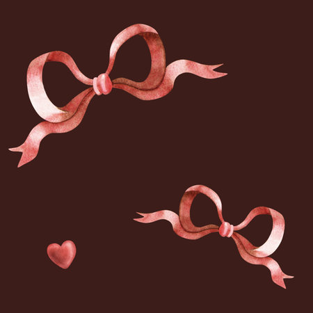 Valentines day red bow and scarlet hearts seamless pattern. Ornate romantic watercolor burgundy texture Love print ideal for cute background, elegant decoration, textile, wrapping, seasonal wallpaperの写真素材