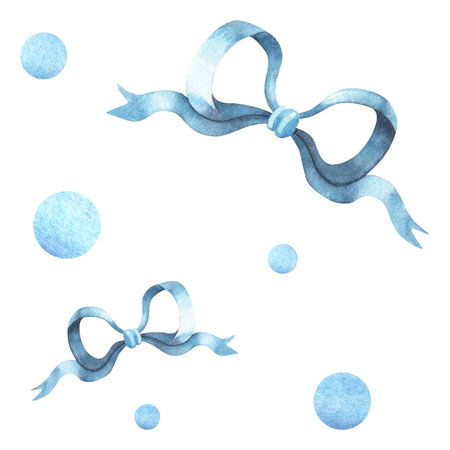 Light blue cute seamless pattern with bows and polka dot. Elegant watercolor endless print - ornate ribbons, bubbles. Perfect for boys birthday decoration, baby shower wallpaper, fabrics, backgroundの写真素材