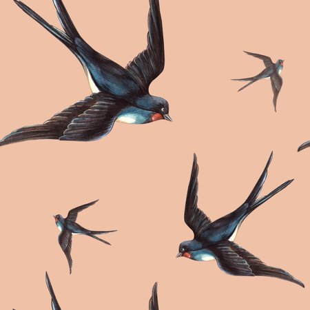 Mocha beige spring seamless pattern with swallows birds Elegant watercolor endless vintage texture Retro wrapping paper, seasonal arrangement, Valentines day or wedding decoration, romantic wallpaperの写真素材