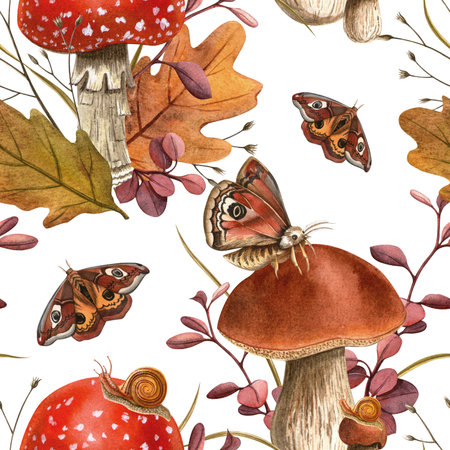Forest mushrooms, snail, butterflies, autumn foliage and dried twigs seamless pattern Fly agaric, bolete botanical fall watercolor texture. Perfect for natural forest themes, seasonal textile,wrappingの写真素材