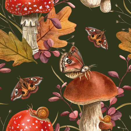 Autumn harvest mushroom, butterflies, snail, colorful oak foliage Fly agaric, boletus botanical fall watercolor texture Perfect for natural forest theme, seasonal textile, wrapping, fabrics, wallpaperの写真素材
